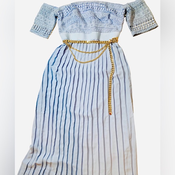 Little Mistress Baby Blue “Ellen” Crochet Lace Bardot Midaxi Dress - Picture 9 of 10